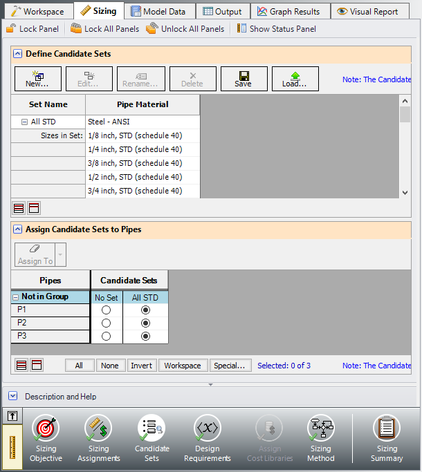 The fully defined Candidate Sets panel for the Three Reservoir example.